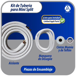 Appli Parts APLS-K38583813 Kit de Tuberia Mini Split 3/8 x 5/8 in, 4 m, con Aislante 3/8, Manguera Desague, Cinta Momia y Cinta Teflon. Fabricado en cobre y aluminio
