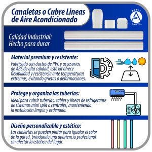 Appli Parts APLC-SET110 Cobertor para Lineas de Aire Acondicionado Juego de 100mm ancho, incluye: 2 Rectas, 1 Acople,1 Tapa Pared, 1 Tapa

