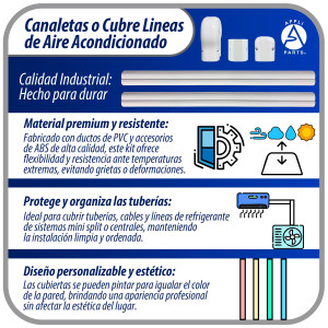 Appli Parts APLC-SET75 Cobertor para Lineas de Aire Acondicionado Juego de 75mm ancho, incluye: 2 Rectas, 1 Acople,1 Tapa Pared, 1 Tapa
