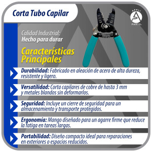 Appli Parts APT-TC1107 Corta Tubo Capilar para Cobre hasta 1/8 in o 3 mm, Herramienta Profesional para HVAC y Bricolaje, compatible con metales blandos