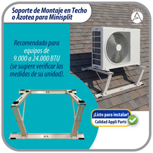 Appli Parts APAB-4335 Soporte de Montaje para Techo/Azotea Minisplit 9000 a 24000 BTU Soporta 150 kg (335 lb) Ajustable de 10 a 45 Grados Incluye Almohadillas Antivibracion y Kit de Instalacion