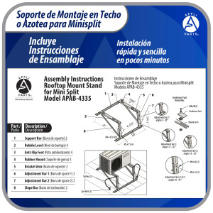 Appli Parts APAB-4335 Soporte de Montaje para Techo/Azotea Minisplit 9000 a 24000 BTU Soporta 150 kg (335 lb) Ajustable de 10 a 45 Grados Incluye Almohadillas Antivibracion y Kit de Instalacion