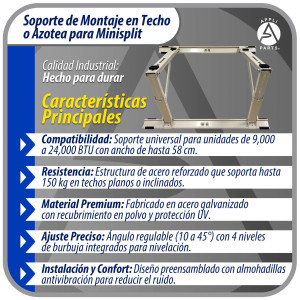 Appli Parts APAB-4335 Soporte de Montaje para Techo/Azotea Minisplit 9000 a 24000 BTU Soporta 150 kg (335 lb) Ajustable de 10 a 45 Grados Incluye Almohadillas Antivibracion y Kit de Instalacion