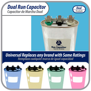 Appli Parts Dual Run Capacitor for ac 80+5 Mfd uF (microfarads) 370VAC CBB65 Oval Universal fit for hvac and other applications 3-1/2in Wide 1-3/4in Depth 4-3/4in High CON-80/5-370