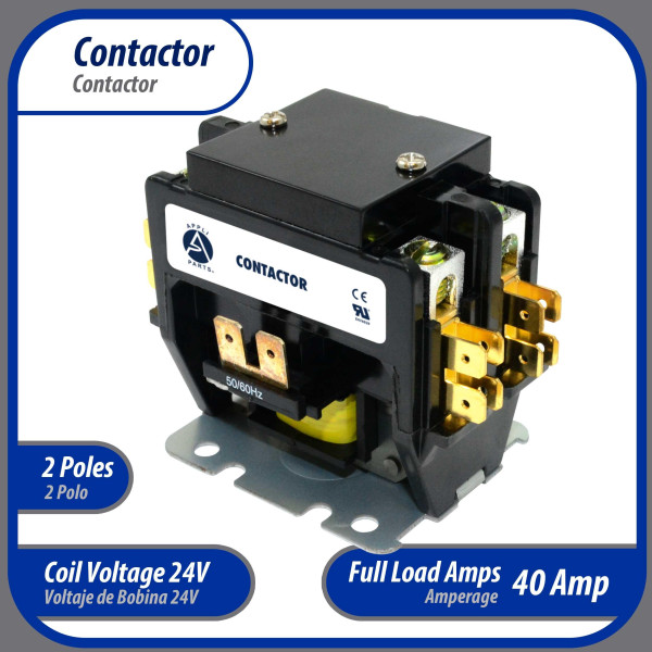 Appli Parts APAC-24024 Contactor 2 Polos 40A 24V Bobina Repuesto para Compresores de CA y Aplicaciones Electricas Certificacion UL E476929 de Trabajo Pesado Appli Parts APAC-24024 Contactor 2 Polos 40A 24V Bobina Repuesto para Compresores de CA y Aplicaciones Electricas Certificacion UL E476929 de Trabajo Pesado