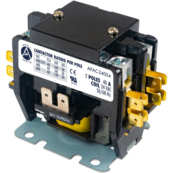 Appli Parts APAC-24024 Contactor 2 Polos 40A 24V Bobina Repuesto para Compresores de CA y Aplicaciones Electricas Certificacion UL E476929 de Trabajo Pesado Appli Parts APAC-24024 Contactor 2 Polos 40A 24V Bobina Repuesto para Compresores de CA y Aplicaciones Electricas Certificacion UL E476929 de Trabajo Pesado