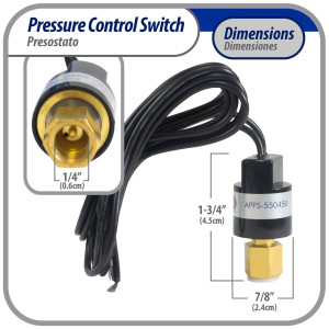 Appli Parts APPS-550450 Hi Pressure control switch R410, Open 550 psi, Close 450 psi, 40 in Cable, SPST, 1/4 SAE female connection, Automatic Reset, universal replacement for Air Conditioning Applications