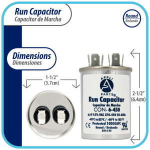 Appli Parts Condensador Capacitor de Marcha 6 Mfd uF (microfaradios) 370VAC o 450VAC CBB65 Universal Aire acondicionado y otras aplicaciones Redondo UL E476928 6.4cm Alto 3.7cm Ancho CON-6-450 Appli Parts Condensador Capacitor de Marcha 6 Mfd uF (microfaradios) 370VAC o 450VAC CBB65 Universal Aire acondicionado y otras aplicaciones Redondo UL E476928 6.4cm Alto 3.7cm Ancho CON-6-450