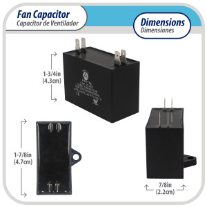 Appli Parts Fan Capacitor 6 mfd (microfarads) uf 450 VAC 4 Terminal Connections compatible with any brand within the same range of capacitance 1-7/8in Width 7/8in Depth 1-3/4in Height CAP-6-450