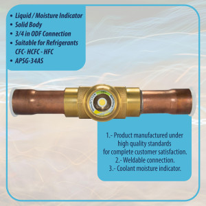 Appli Parts APSG-34AS Visor de Liquido 3/4 pulg Indicador de Humedad con conexiones Soldable con cuerpo solido para Sistemas de Refrigeracion y Aire Acondicionado compatible con refrigerantes CFC, HCFC, HFC