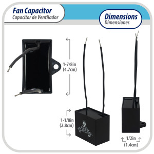 Appli Parts CAP-3.5-250-2C Fan Capacitor 3.5 mfd (microfarads) uf 250 VAC with 2 Wire Terminal Connections compatible with any brand with same capacitance 1-7/8in Width 1/2in Depth 1-1/8in Height